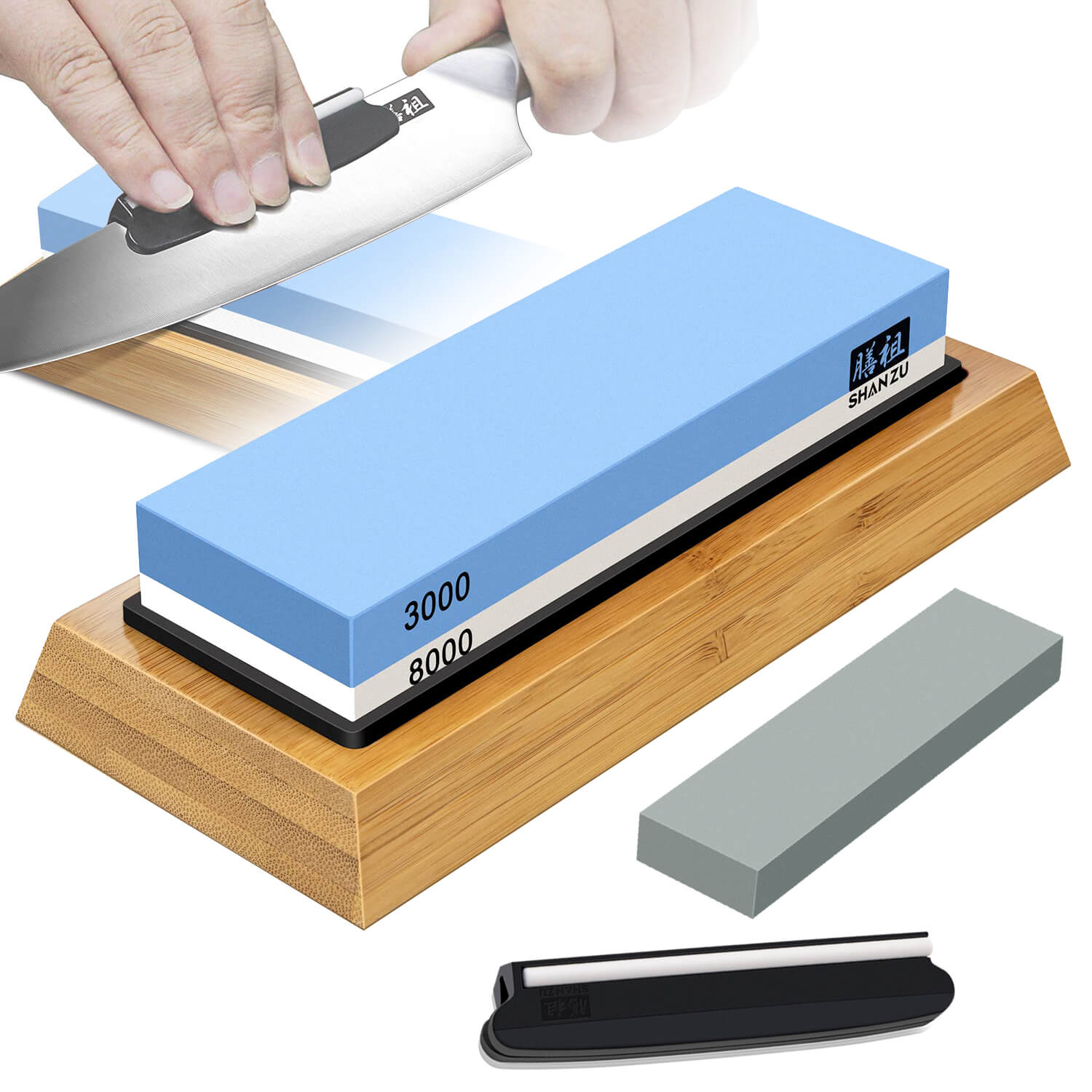 Piedra para afilar cuchillos de primera calidad, 2 lados de gravilla  3000/8000 | Ideal para la cocina | Base de hule antiderrapante y piedra