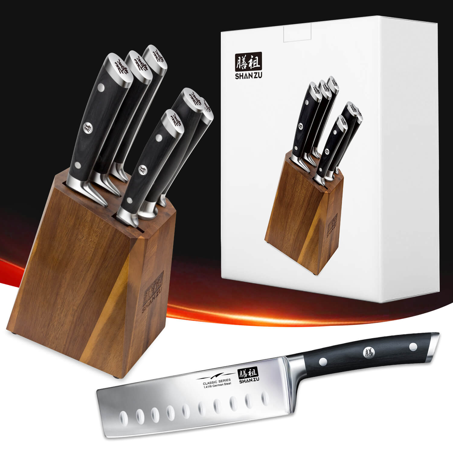7 Piece German Steel Knife Block, Nakiri knife set