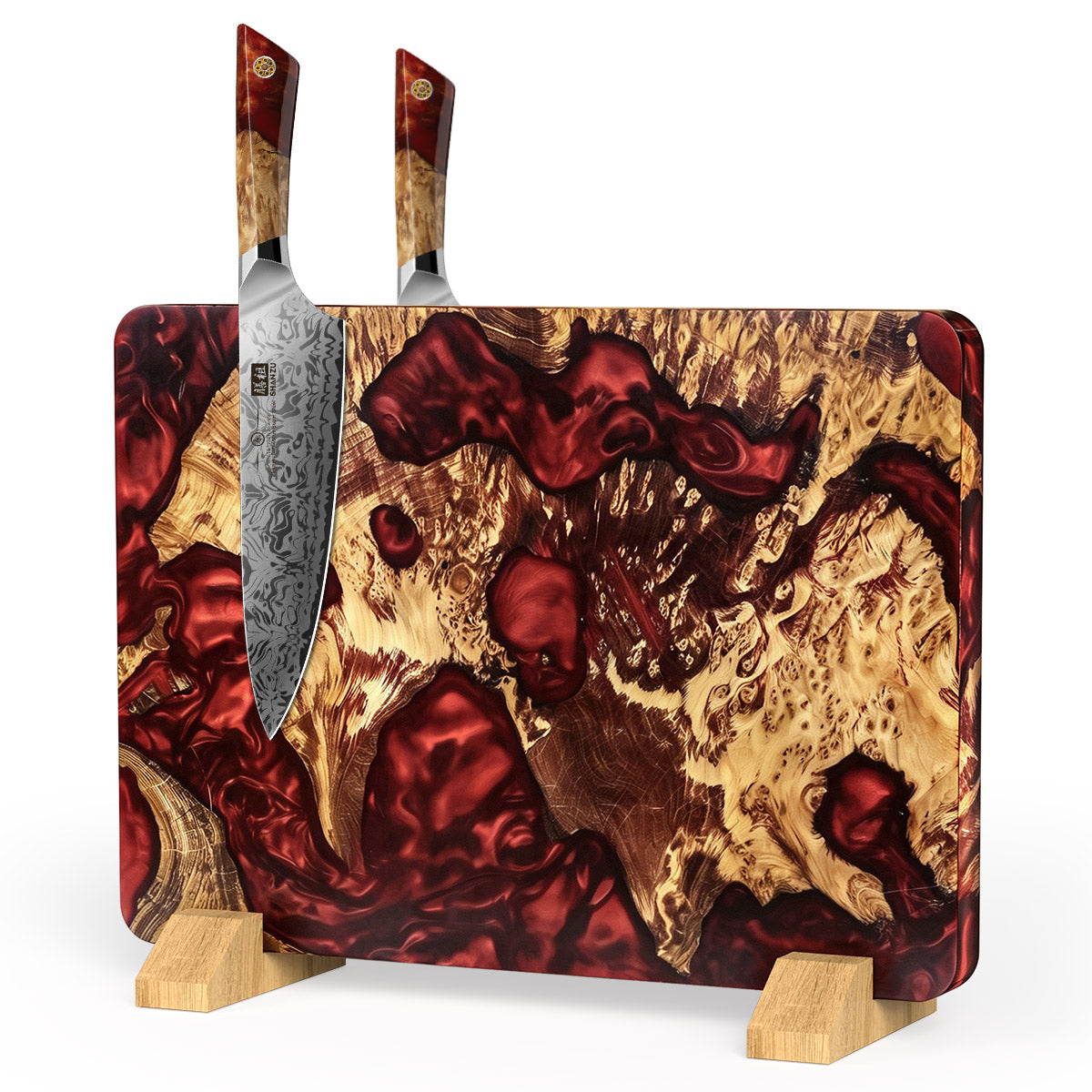 Serie White Tiger | Blocco coltelli magnetico a doppia faccia - Edizione Legno Stabilizzato Rosso