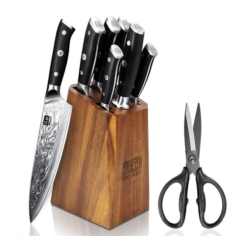 SHAN ZU PRO | 7-Piece Damascus Knife Block Set + Heavy-Duty Kitchen Shears