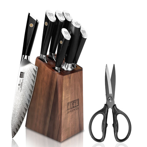 SHAN ZU GYO | 7-Piece Damascus Knife Block Set + Heavy-Duty Kitchen Shears