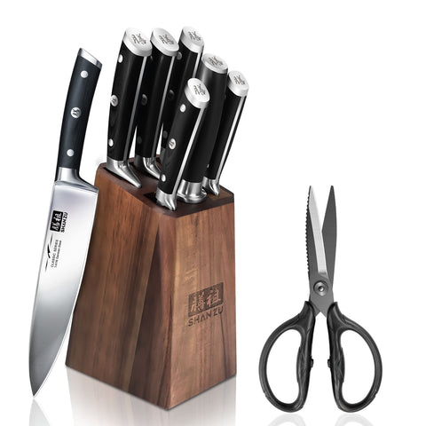 SHAN ZU CLASSIC | 7-Piece German Steel Nakiri Knife Block Set + Heavy-Duty Kitchen Shears