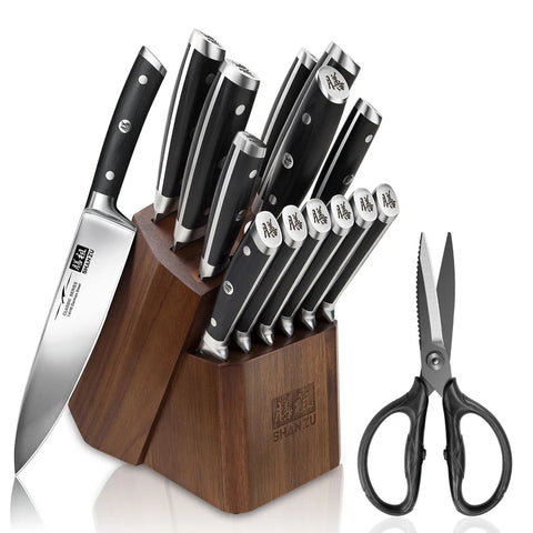 SHAN ZU CLASSIC | Bloc de Couteaux de Cuisine en Acier Allemand 14 Pièces + Ciseaux de Cuisine Robustes