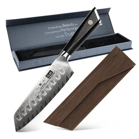 SHAN ZU GYO | Couteau Santoku Damas 7"+Porte-couteaux magnétique