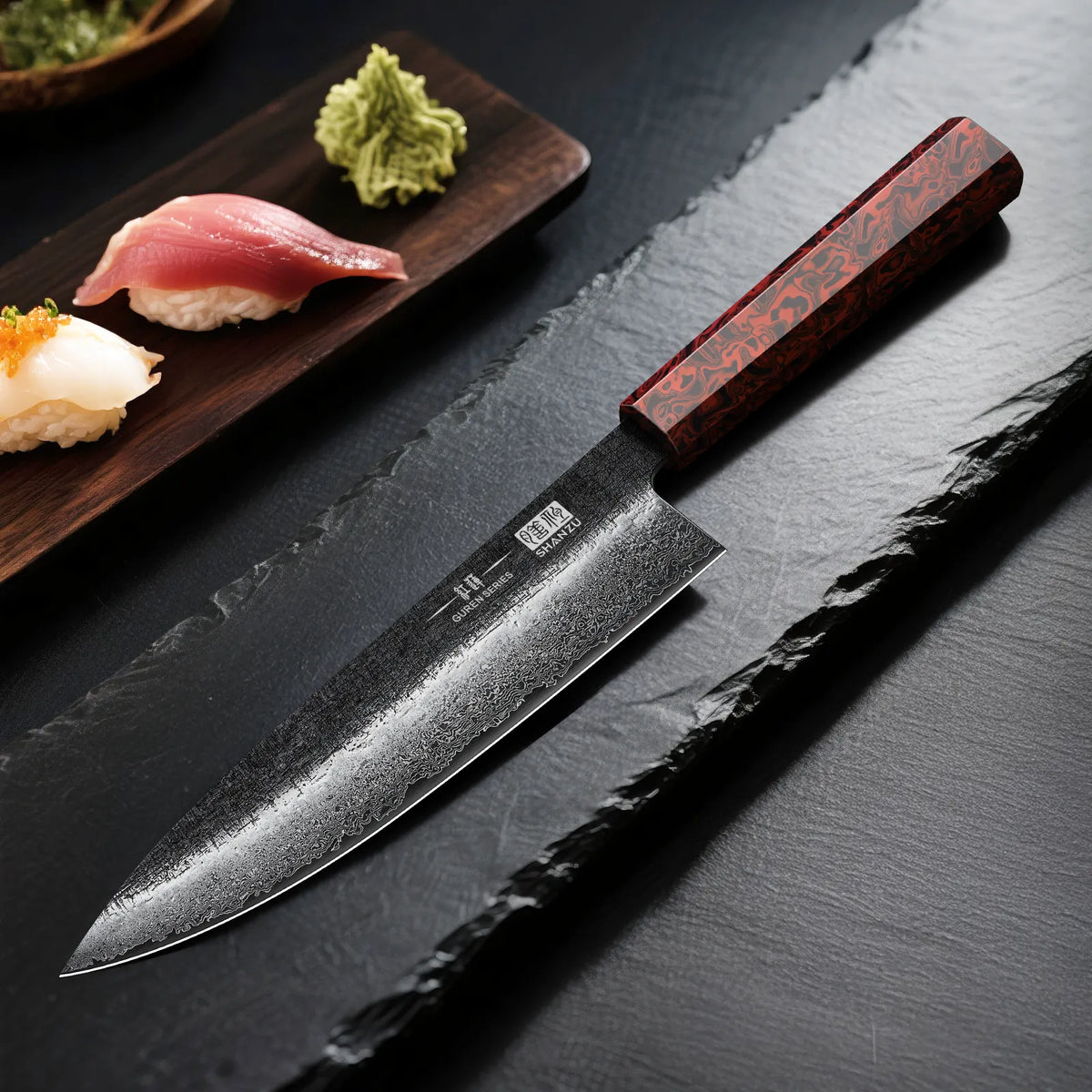 SHAN ZU GUREN | Couteau de Chef Damas 8" Forgé Noir + Porte-Couteaux Magnétique