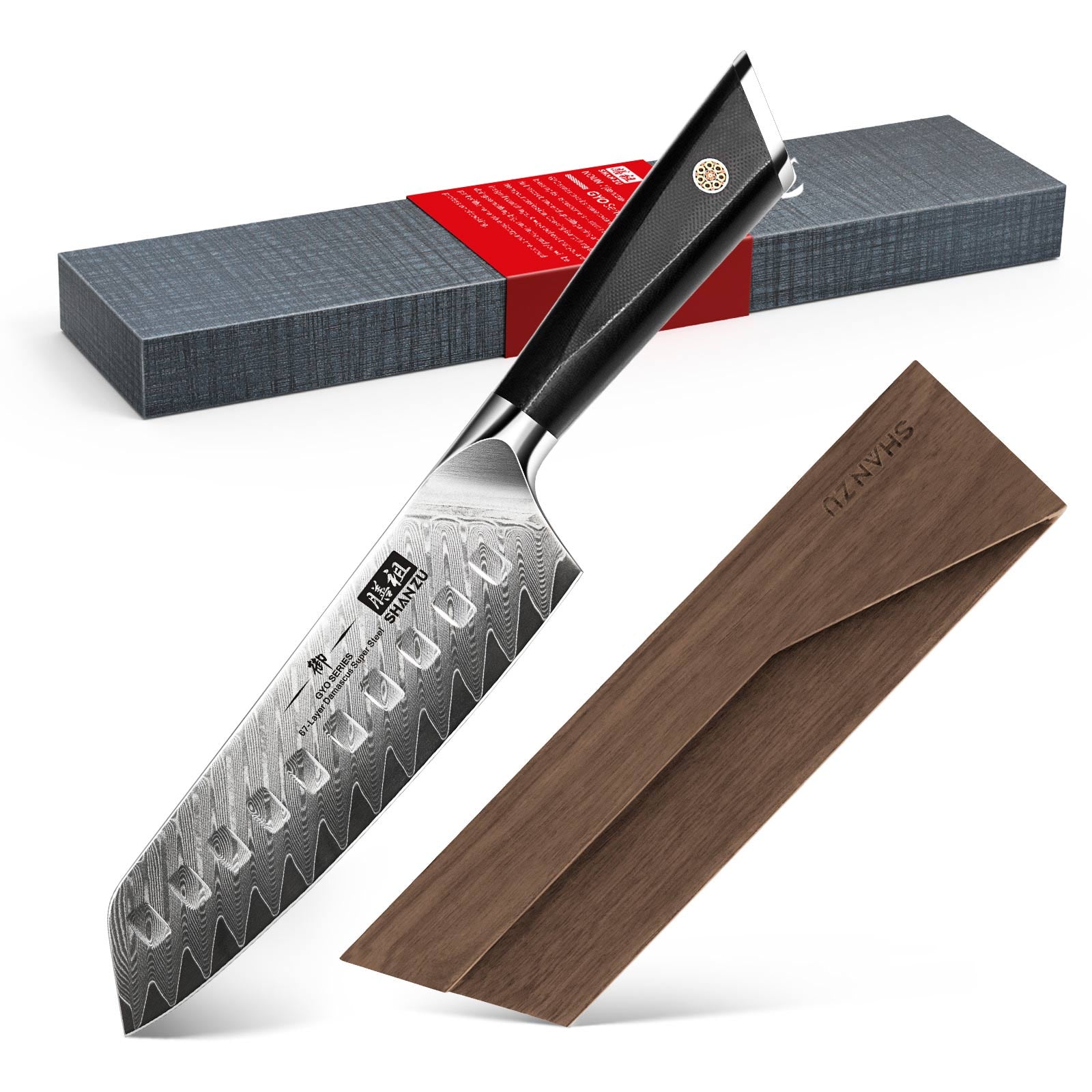 Damascus Santoku Knife 7&quot + Magnetic Knife Holder