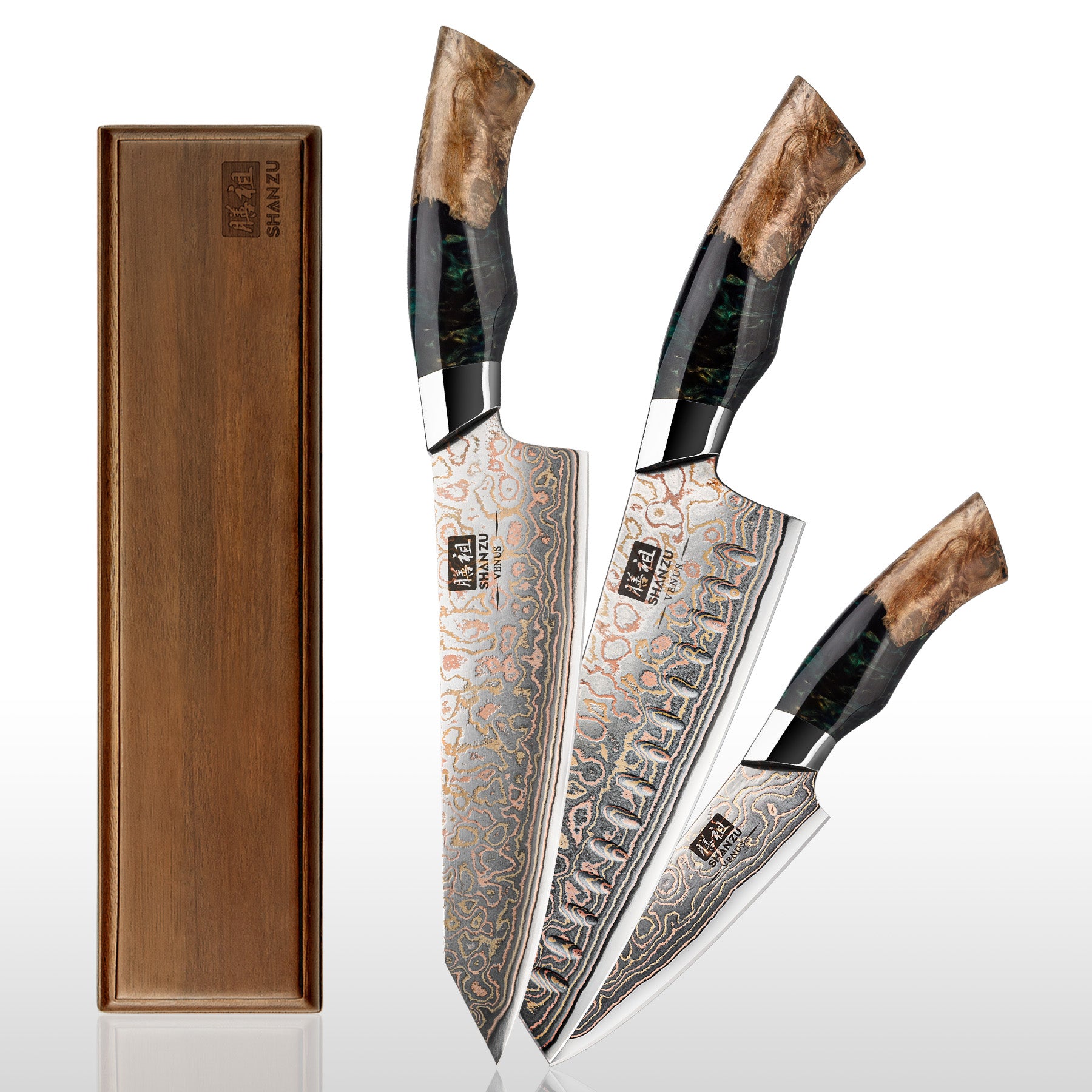 Series – 3 Piece Damascus Set + Wooden Magnetic Bar