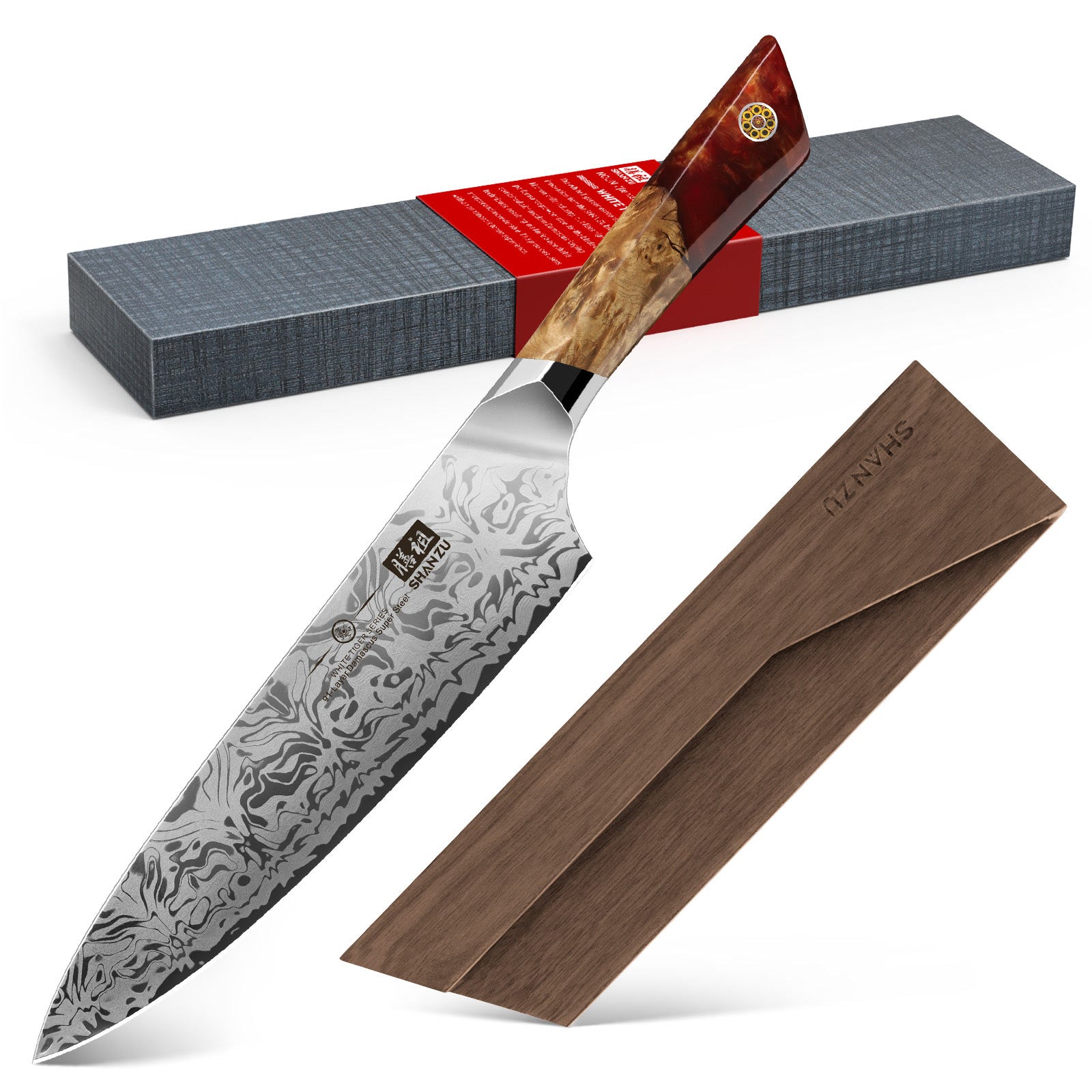 White Tiger Serie | Damaszener Kochmesser + Magnetischer Messerhalter