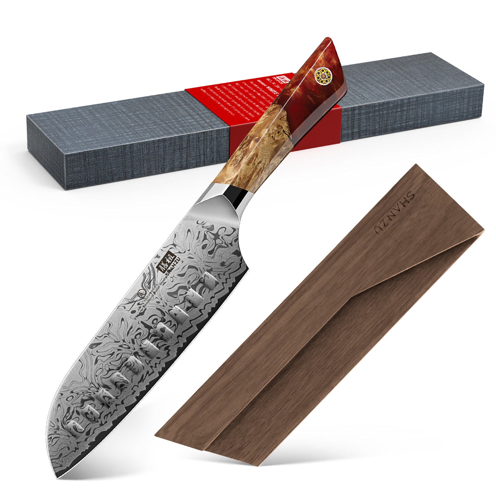 Series Damascus Santoku Knife + Magnetic Knife Holder