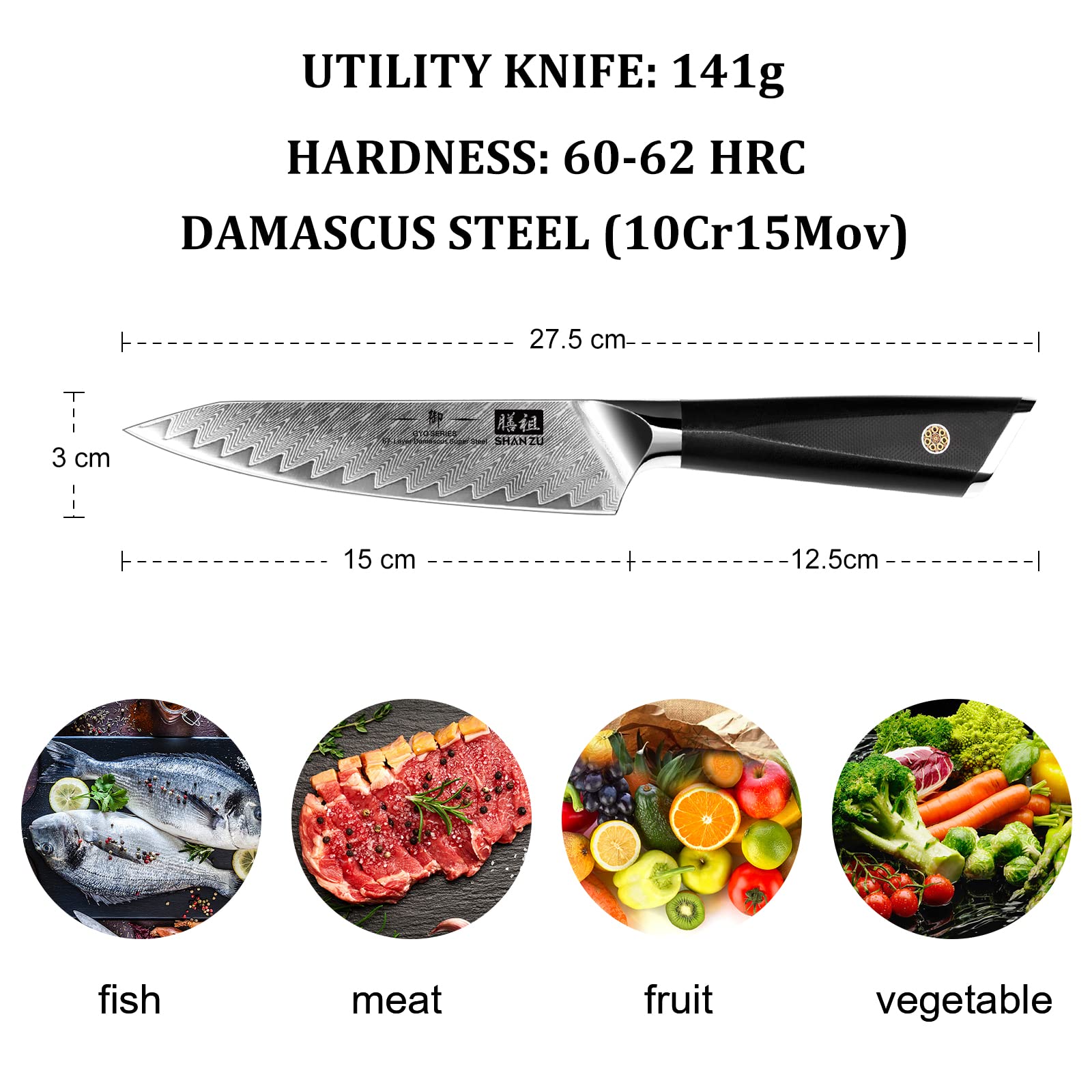 SHAN ZU Couteau utilitaire Damas 6