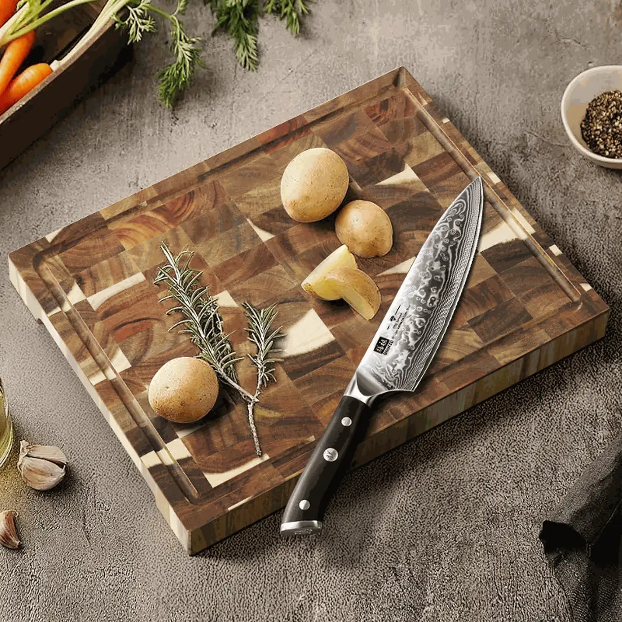 SHANZU Planche à découper en acacia, double face, grain de bout, avec rigole à jus –  40 × 30 × 4 cm