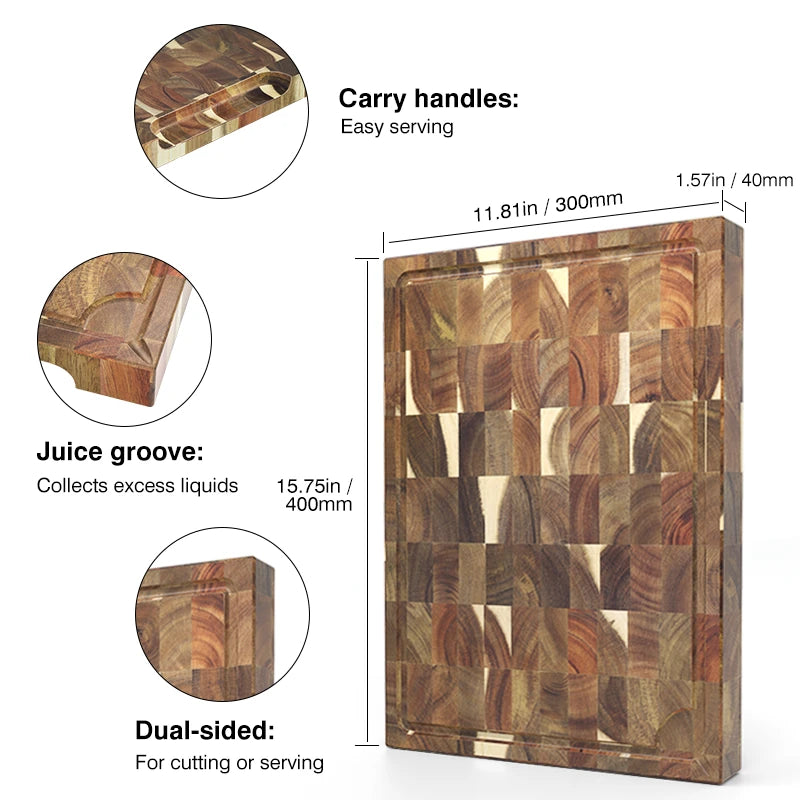 SHANZU Planche à découper en acacia, double face, grain de bout, avec rigole à jus –  40 × 30 × 4 cm