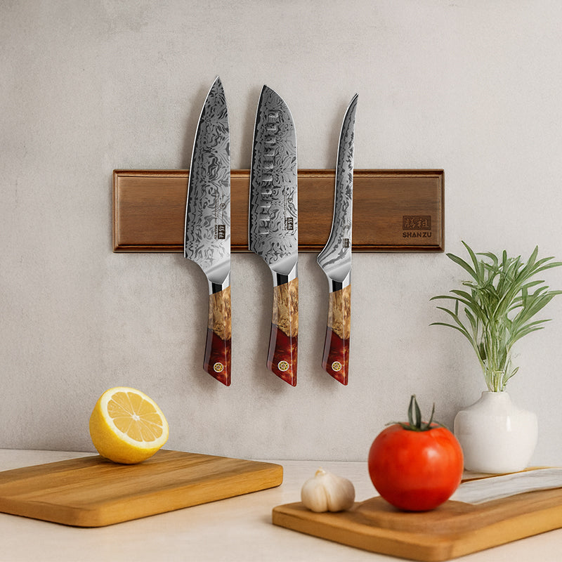 Serie White Tiger | SHAN ZU Set de cuchillos de cocina 3 piezas + Barra magnética de madera