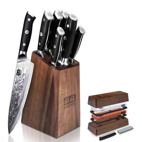 SHAN ZU PRO | Damascus Knife Block 7-Pcs+ Sharpening Stone