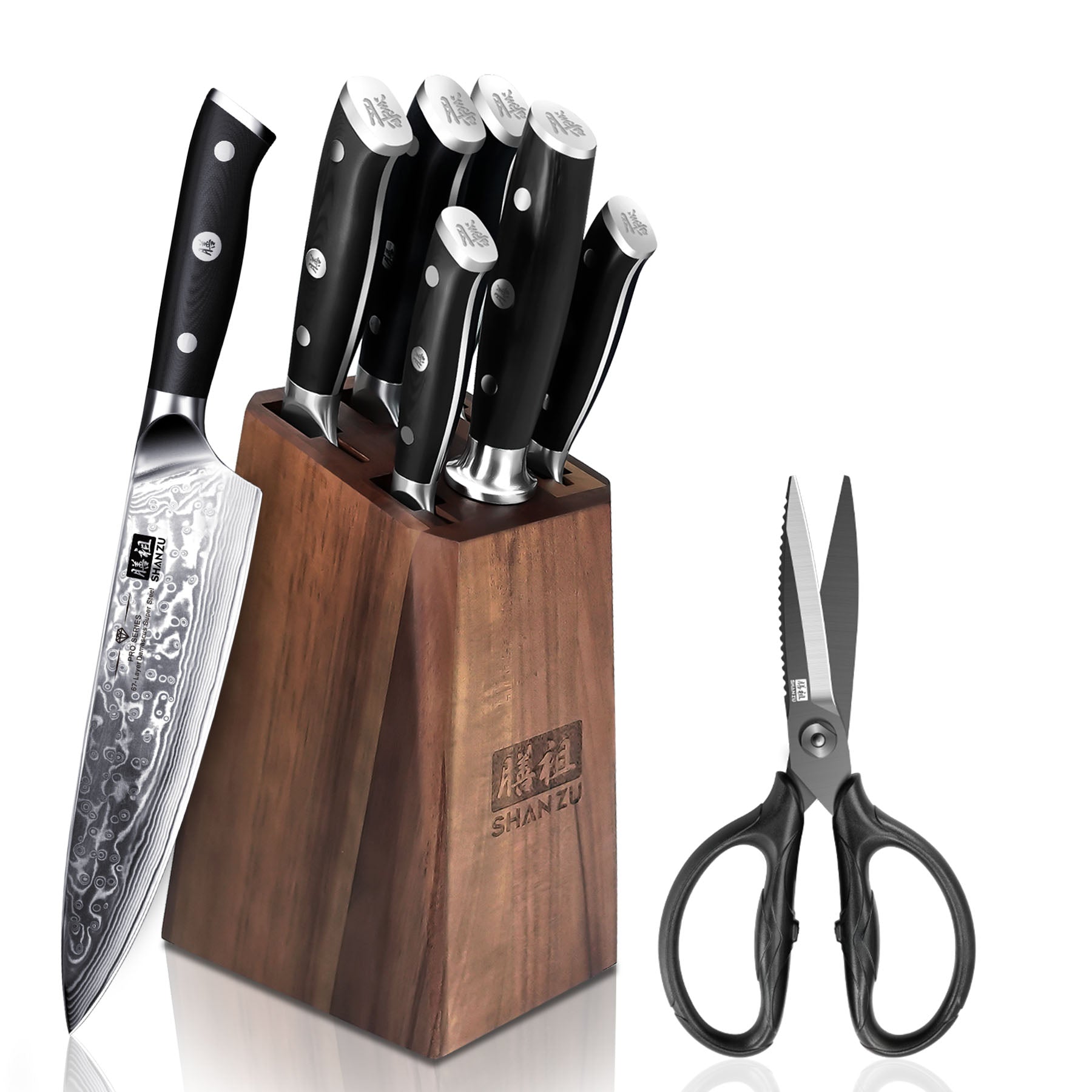 7 Piece Damascus Knife Block + Sturdy Kitchen Scissors