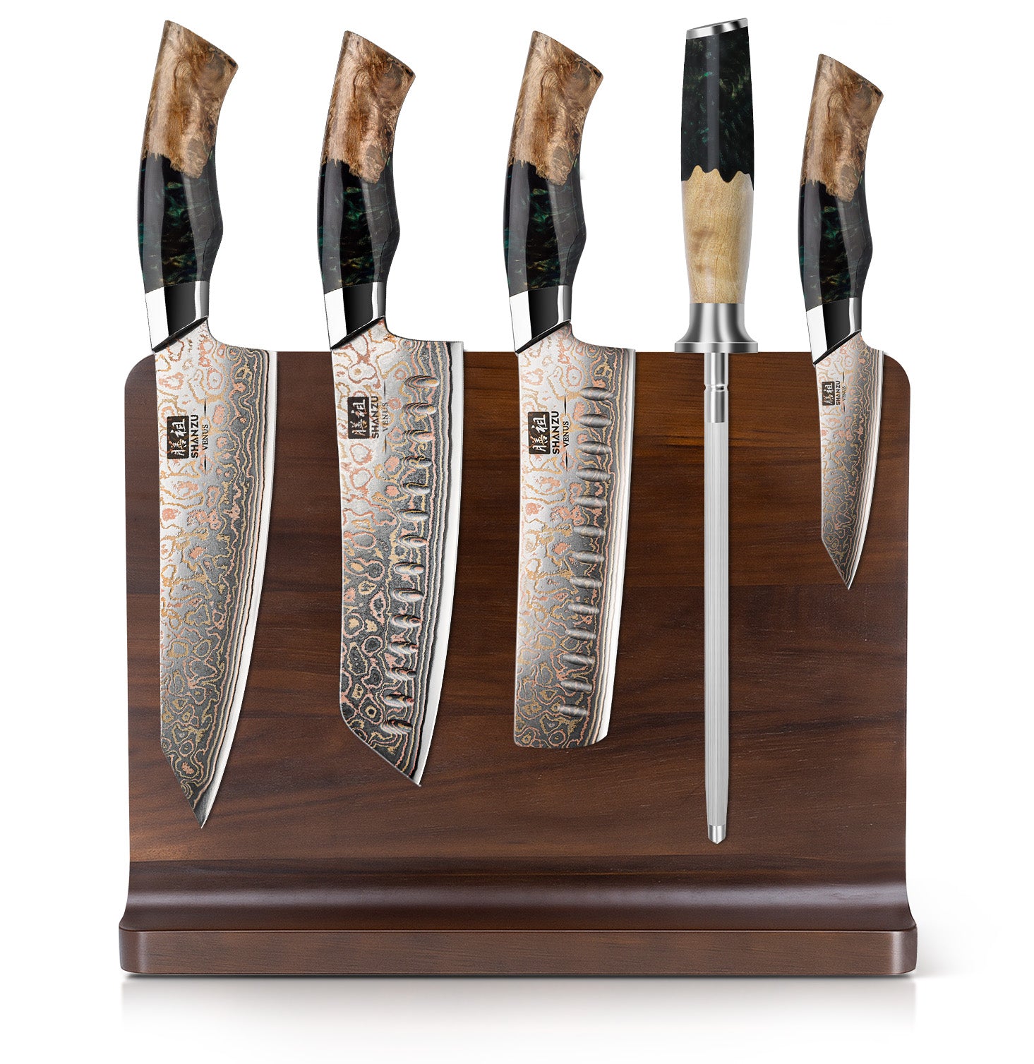 Series – 5 Piece Damascus Set + Wooden Magnetic Bar