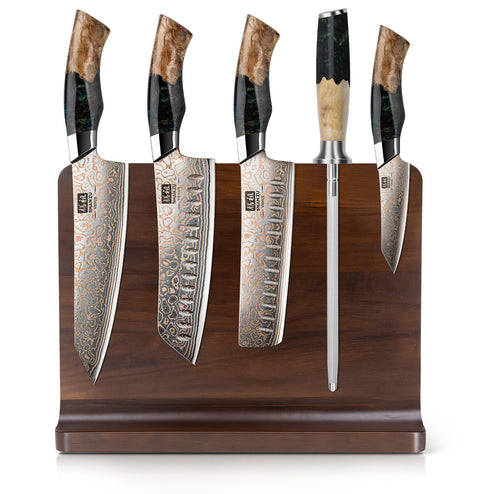 SHAN ZU Venus Series – 5-piece Copper-Damascus Set + Wooden Magnetic Bar