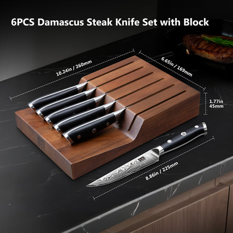 SHAN ZU PRO | Ensemble de Couteaux à Steak 7 Pièces - Couteaux à Steak Damas avec Bloc
