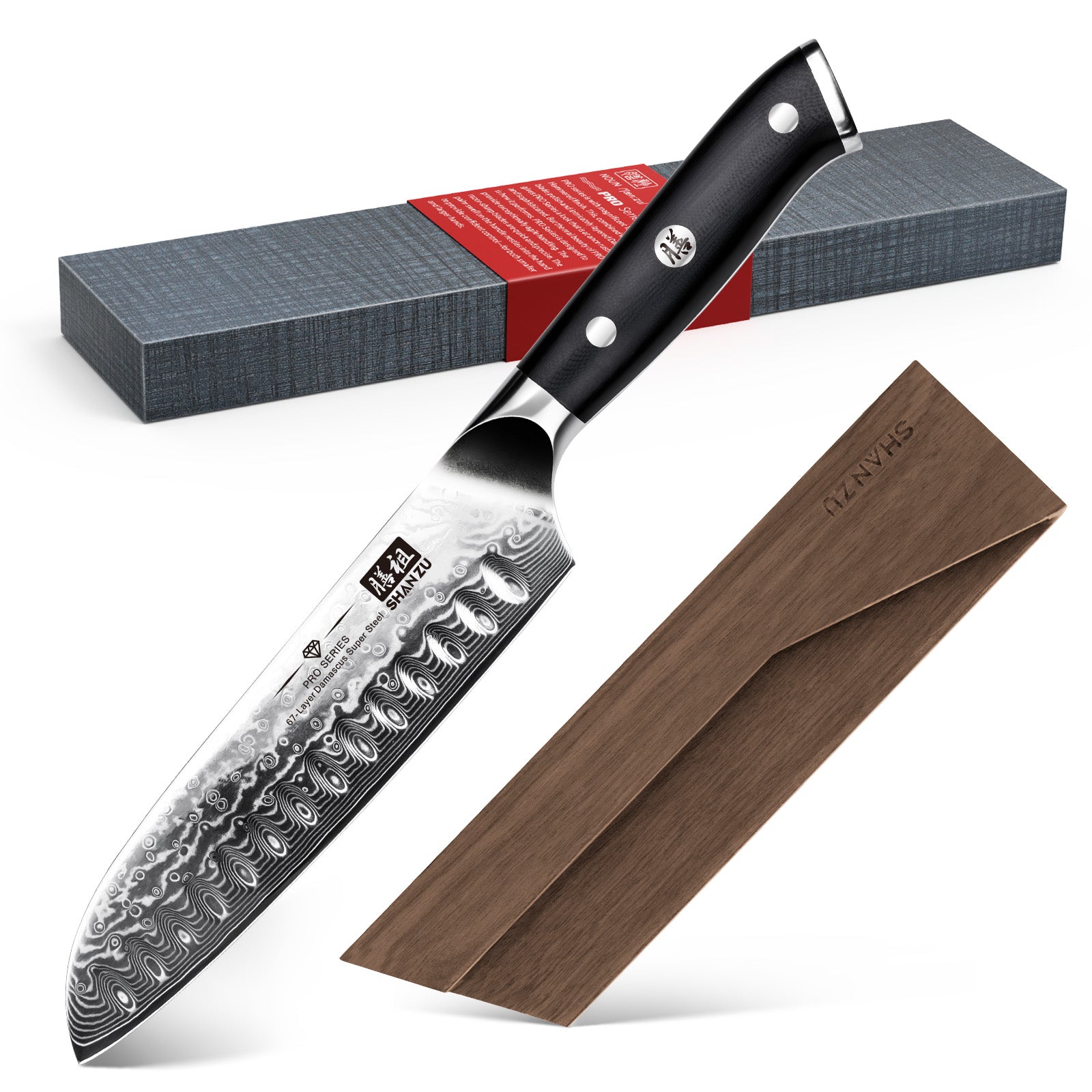 Damascus Santoku Knife 7&quot + Magnetic Knife Holder