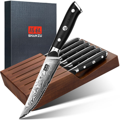 SHAN ZU PRO Series – Ensemble de Couteaux à Steak 7 PCS, Couteaux à Steak Damas avec Bloc