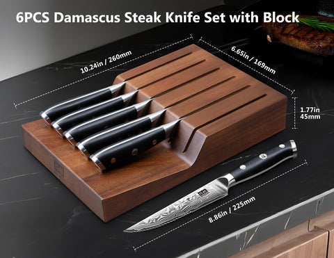 SHAN ZU PRO Series – Ensemble de Couteaux à Steak 7 PCS, Couteaux à Steak Damas avec Bloc