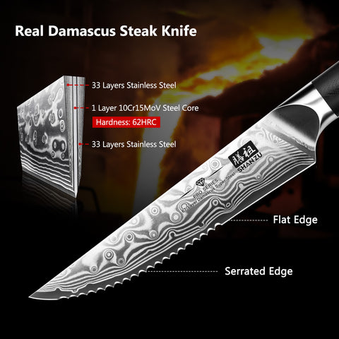 SHAN ZU PRO | Ensemble de Couteaux à Steak 7 Pièces - Couteaux à Steak Damas avec Bloc