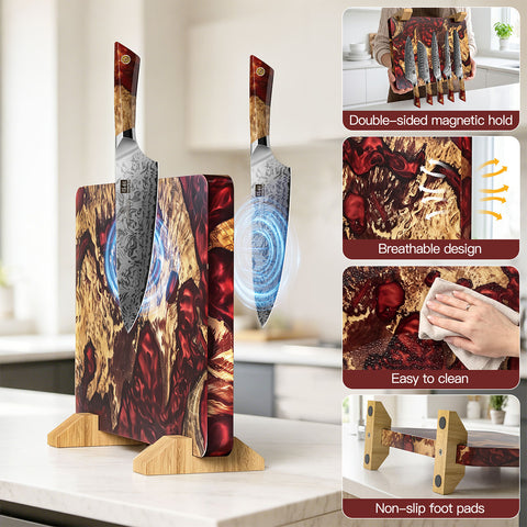White Tiger Serie | Doppelseitiger magnetischer Messerblock - Rote stabilisierte Holz-Edition