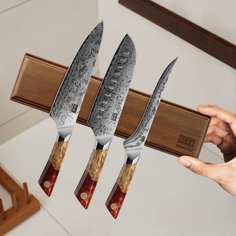 White Tiger Series | SHAN ZU 3-Piece Kitchen Knife Set + Wooden Magnetic Bar