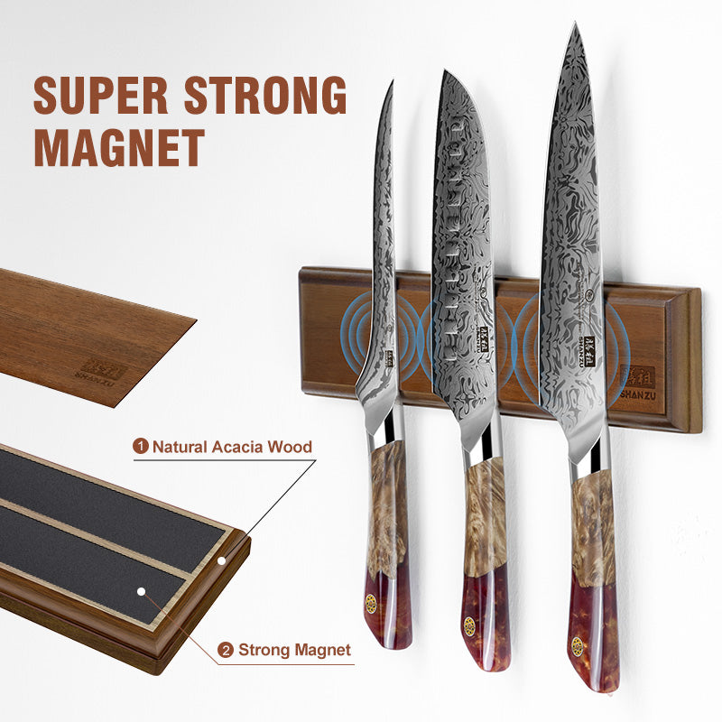 Série White Tiger | SHAN ZU Set de Couteaux de Cuisine 3 Pièces+ Barre aimantée en bois