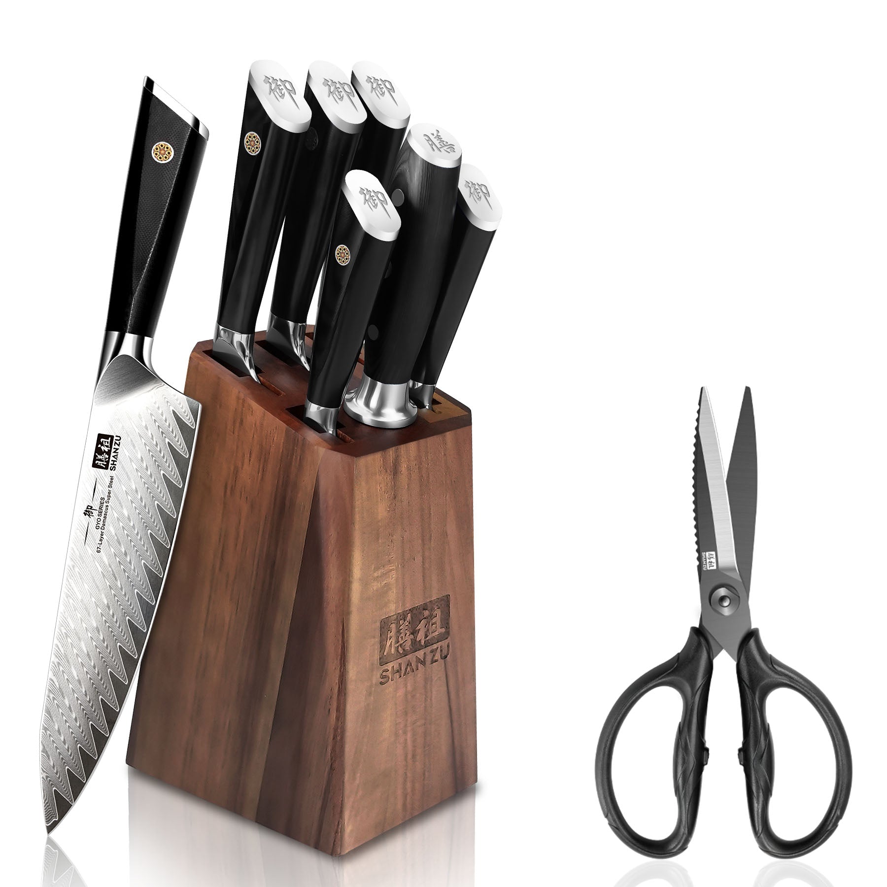 7 Pcs Damascus Knife Block + Sturdy Kitchen Scissors