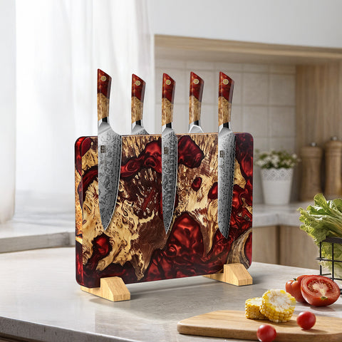 White Tiger Serie | Doppelseitiger magnetischer Messerblock - Rote stabilisierte Holz-Edition