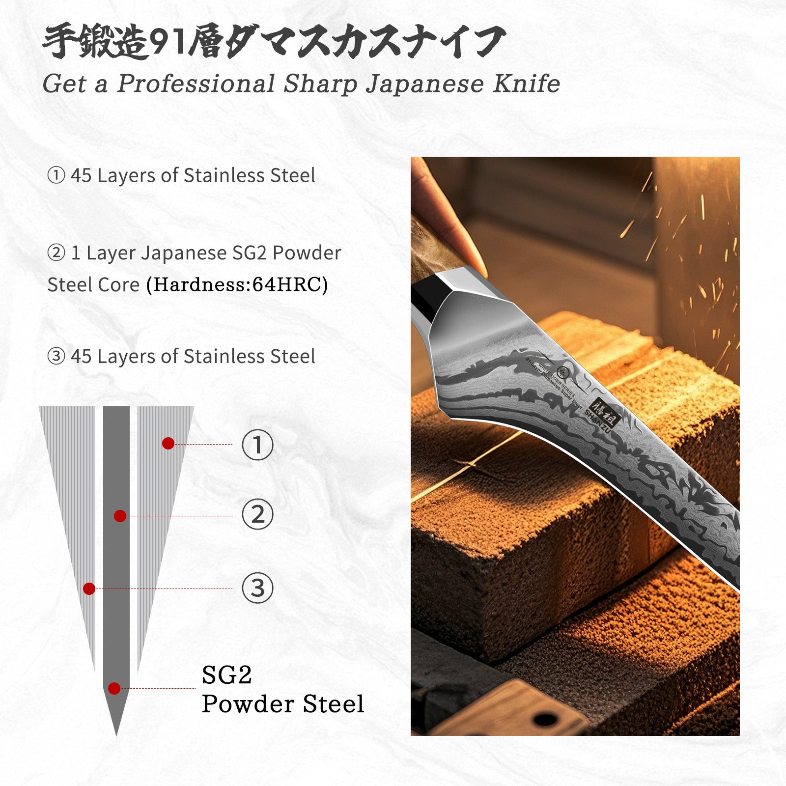 Série White Tiger | Couteau Filetage Damas SHAN ZU+Porte-couteaux magnétique