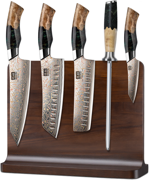 SHAN ZU Venus Series – 5-piece Copper-Damascus Set + Wooden Magnetic Bar