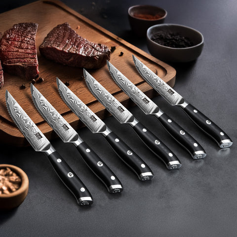 SHAN ZU PRO | Ensemble de Couteaux à Steak 7 Pièces - Couteaux à Steak Damas avec Bloc