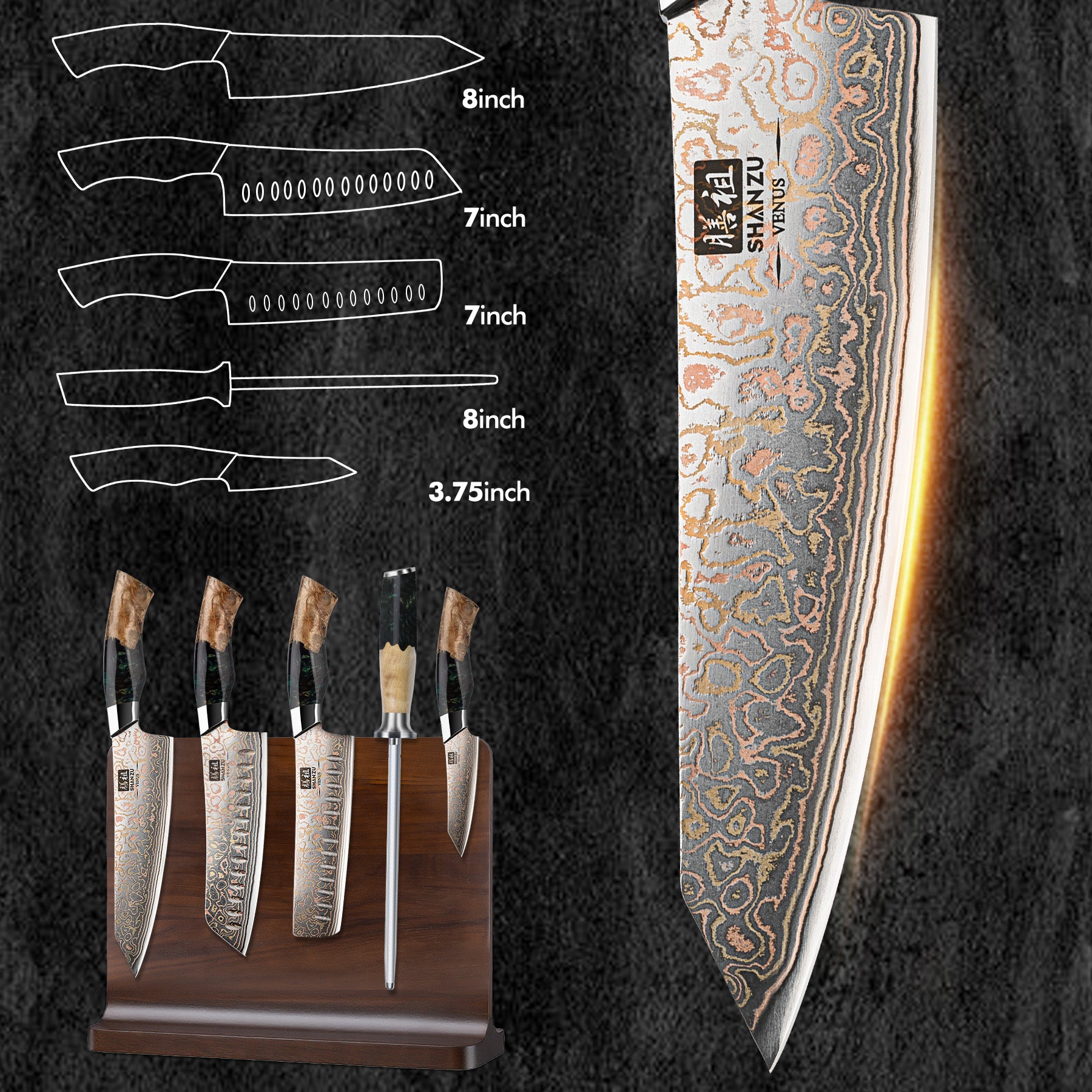 SHAN ZU Série Venus – Ensemble 5 pièces Cuivre-Damas + Barre aimantée en bois