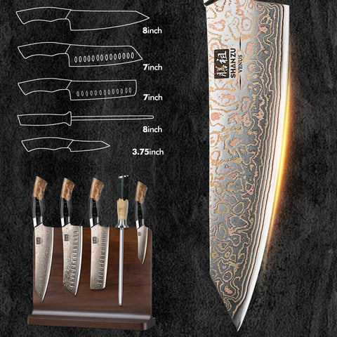 SHAN ZU Venus Series – 5-piece Copper-Damascus Set + Wooden Magnetic Bar