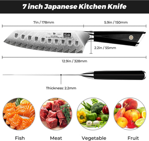 SHAN ZU GYO | Couteau Santoku Damas 7" + Porte-Couteaux Magnétique