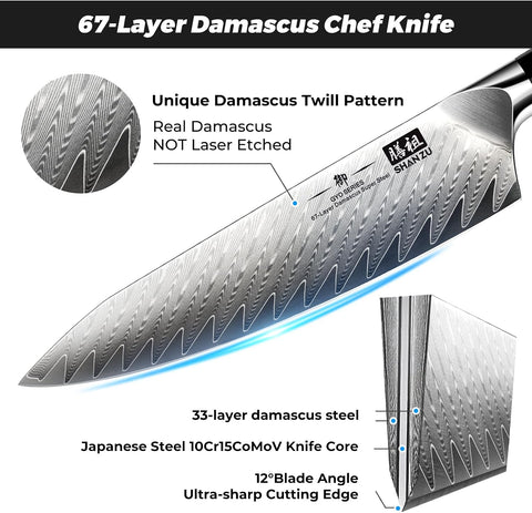 SHAN ZU GYO | Couteau de Chef Damas 8" + Porte-Couteaux Magnétique