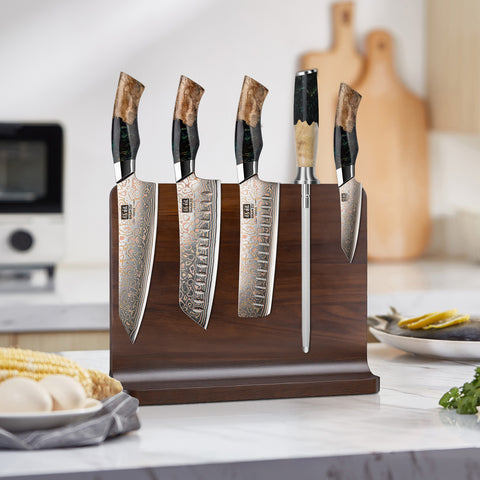 SHAN ZU Venus Series – 5-piece Copper-Damascus Set + Wooden Magnetic Bar