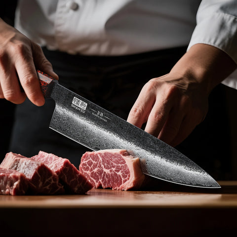 Serie Guren | Coltello da chef Damasco 8" forgiato nero + Porta coltelli magnetico