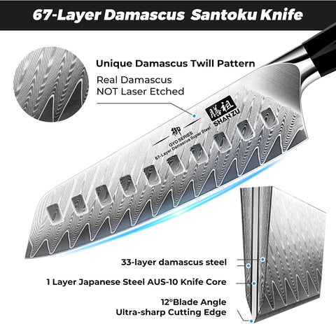 SHAN ZU GYO | Couteau Santoku Damas 7" + Porte-Couteaux Magnétique
