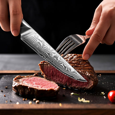 SHAN ZU PRO | Ensemble de Couteaux à Steak 7 Pièces - Couteaux à Steak Damas avec Bloc