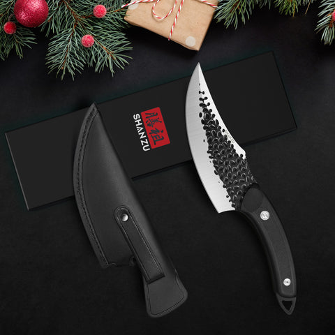 SHAN ZU Chef's Knife Handmade Forged Kitchen Knives with Leather Sheath High Carbon Steel Boning Knife Cooking Knife with Full Tang G10 Waterproof Handle, Professional Chef Knife for Home and Outdoor