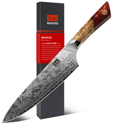 Serie White Tiger | Coltello da chef Damasco + Porta-coltelli magnetico