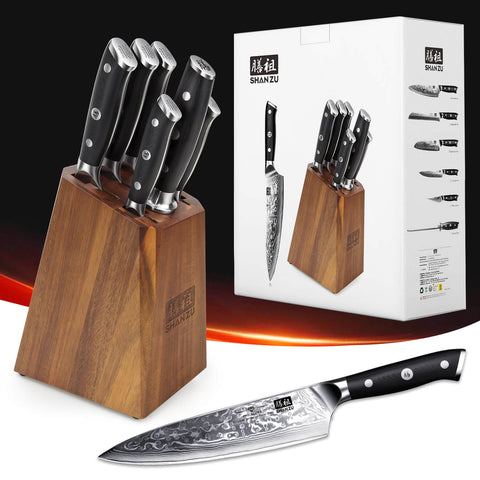 Set di coltelli da cuoco in acciaio di Damasco, Set di ceppi per coltelli  da 7 pezzi serie Pro