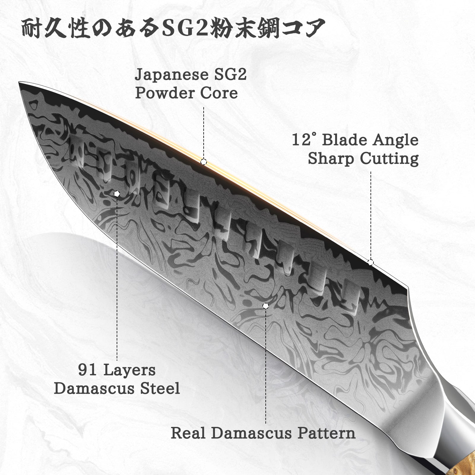 Série White Tiger | Couteau Santoku Damas SHAN ZU+Porte-couteaux magnétique