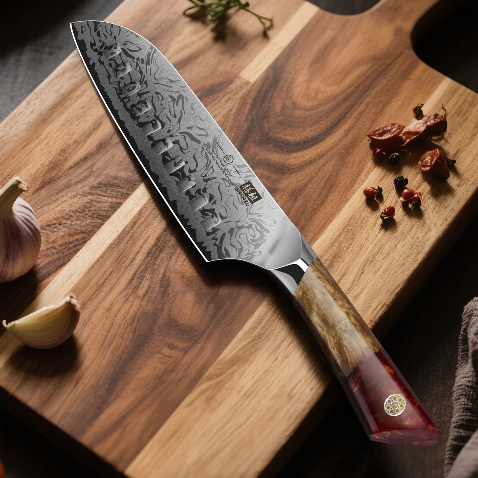 Série White Tiger | Couteau Santoku Damas SHAN ZU+Porte-couteaux magnétique