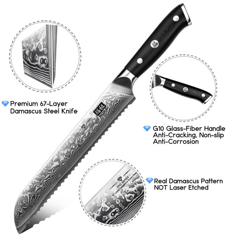 SHAN ZU PRO | Cuchillo de pan de Damasco + soporte magnético para cuchillos