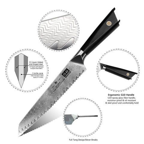 SHAN ZU GYO | Couteau à Pain Damas 8" + Porte-Couteaux Magnétique