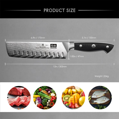 SHAN ZU Coltello Santoku Damasco 18 cm, Coltello da Cucina Giapponese SHAN ZU Coltello Santoku Damasco 18 cm, Coltello da Cucina Giapponese